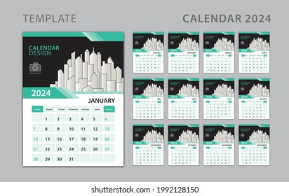 Vorlage Kalender 2024, Design des Desktop-Kalender mit Ort für Foto und Firmenlogo. Wandkalender. Die Woche beginnt am Sonntag. Wandkalender 2024 Jahr, Satz von 12 Monaten.
