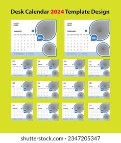 Calendar 2024 template, Set Desk Calendar 2024 template,  design, Set of 12 Months, Week Starts Sunday, Stationery design, Printing media