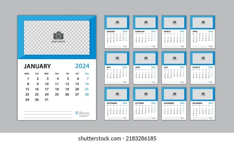 calendar 2024 template set on blue background, Desk calendar 2024 design, planner design, wall calendar template, Set of 12 Months, Week Starts on Monday, Poster, Yearly organizer, Stationery, vector