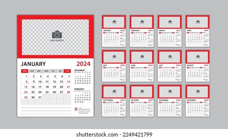 Calendar 2024 template set on red background, Desk calendar 2024 design, planner design, wall calendar template, Set of 12 Months, Week Starts on Monday, Poster, Yearly organizer, Stationery, vector