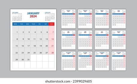 Calendar 2024 template set on blue background, Desk calendar 2024 design, planner design, wall calendar template, Set of 12 Months, Week Starts on Monday, Poster, Yearly organizer, Stationery, vector