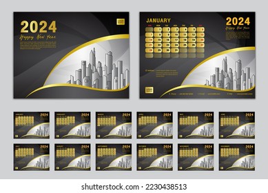 Calendar 2024 template set vector, Week starts Sunday, set of 12 month, Desk calendar 2024 year, wall calendar 2024, planner,  business template, Stationery, printing media, Black creative background 