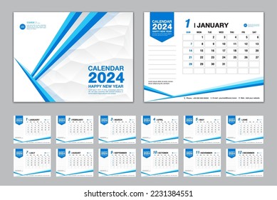 Calendar 2024 template set vector, Week starts Sunday, set of 12 month, Desk calendar 2024 year, wall calendar 2024, planner,  business template, Stationery, printing media, blue polygon background 
