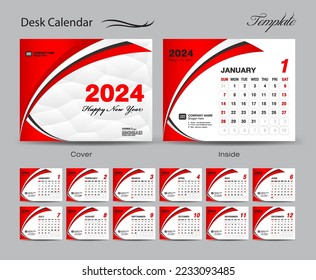 Calendar 2024 template set vector, Week starts Sunday, set of 12 month, Desk calendar 2024 year, wall calendar 2024, planner,  business template, Stationery, printing media, Red creative background 