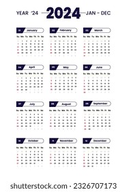 Calendar 2024 template simple minimal calendar, Vector planner 2024 year, Wall calendar 2024 year, Week Starts sunday, Set of 12 calendar, advertisement, printing, stationery, organization office.