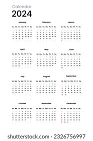 Calendar 2024 template simple minimal calendar, Vector planner 2024 year, Wall calendar 2024 year, Week Starts sunday, Set of 12 calendar, advertisement, printing, stationery, organization office.