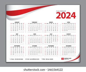 Calendar 2024 template, Simple calendar 2024 vector, desk calendar 2024 year, poster, Wall calendar design, planner, Week starts from Sunday. Set of 12 Months, vector template, red wave background