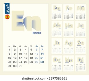 Plantilla de Calendario 2024 en español, calendario minimalista fijado para 2024 año en fondo amarillo.