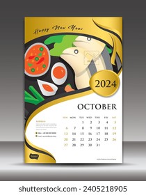 Calendar 2024 template thai food concept vector, October template, Desk Calendar 2024 vector design, Wall calendar 2024 year, printing media, poster, brochure flyer vector, Gold background