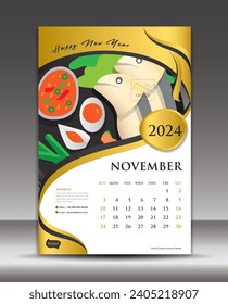 Calendar 2024 template thai food concept vector, November template, Desk Calendar 2024 vector design, Wall calendar 2024 year, printing media, poster, brochure flyer vector, Gold background