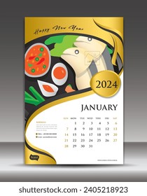 Calendar 2024 template thai food concept vector, JANUARY template, Desk Calendar 2024 vector design, Wall calendar 2024 year, printing media, poster, brochure flyer vector, Gold background