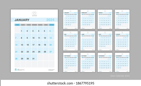 Calendar 2024 template Vector, Desk calendar 2024 design, Week Start On Sunday, Planner, Stationery, wall calendar, simple and clean design, Printing, advertisement, organization and business