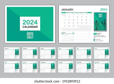 Calendar 2024 template vector, Happy new year 2024, Set Desk calendar 2024, Planner, Wall calendar design, Week starts on Sunday, Set of 12 Months, green cover design. organizer stationery, vector