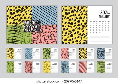 Calendar 2024 template vector memphis style, Set Desk calendar 2024, Planner design, Week start on Sunday, Wall calendar 2024 template, Set of 12 Months, Memphis cover design, diary, printing media