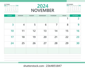 Calendar 2024 template vector on green background, November 2024 template, Planner, week start on Sunday,  Desk calendar 2024 design, minimal wall calendar, Corporate planner template vector