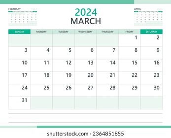 Calendar 2024 template vector on green background, February 2024 template, Planner, week start on Sunday,  Desk calendar 2024 design, minimal wall calendar, Corporate planner template vector