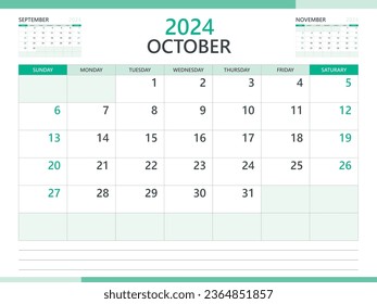 Calendar 2024 template vector on green background, October 2024 template, Planner, week start on Sunday,  Desk calendar 2024 design, minimal wall calendar, Corporate planner template vector