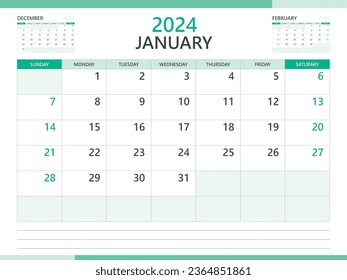 Calendario 2024, plantilla vectorial sobre fondo verde, plantilla de enero de 2024, Planner, semana de inicio el domingo, calendario de escritorio 2024 diseño, calendario de pared mínimo, vector de plantilla de planificador corporativo