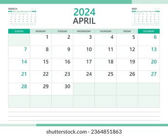 Calendar 2024 template vector on green background, April 2024 template, Planner, week start on Sunday,  Desk calendar 2024 design, minimal wall calendar, Corporate planner template vector