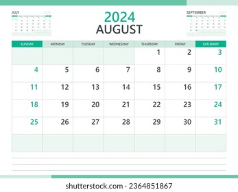 Kalender 2024 Vorlage Vektorgrafik auf grünem Hintergrund, Vorlage August 2024, Planer, Wochenstart am Sonntag, Design des Desk-Kalenders 2024, minimaler Wandkalender, Corporate-Planer-Vorlage, Vektorgrafik
