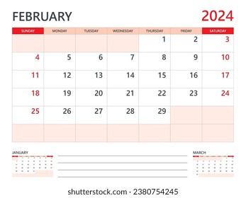 Calendario 2024 vector de plantilla sobre fondo rojo, plantilla de febrero de 2024, Planner, inicio de semana el domingo, calendario de escritorio 2024 diseño, calendario de pared mínimo, vector de plantilla de planificador corporativo