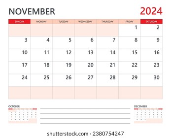 Calendar 2024 template vector on red background, November 2024 template, Planner, week start on Sunday, Desk calendar 2024 design, minimal wall calendar, Corporate planner template vector