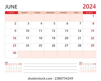 Calendar 2024 template vector on red background, June 2024 template, Planner, week start on Sunday, Desk calendar 2024 design, minimal wall calendar, Corporate planner template vector