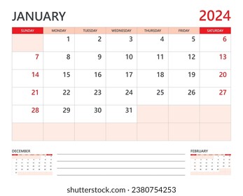 Calendar 2024 template vector on red background, January 2024 template, Planner, week start on Sunday, Desk calendar 2024 design, minimal wall calendar, Corporate planner template vector