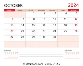 Calendario 2024 vector de plantilla sobre fondo rojo, plantilla de octubre de 2024, Planner, inicio de semana el domingo, calendario de escritorio 2024 diseño, calendario de pared mínimo, vector de plantilla de planificador corporativo