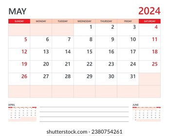 Kalender 2024 Vorlage Vektorgrafik auf rotem Hintergrund, Vorlage Mai 2024, Planer, Wochenstart am Sonntag, Design des Desk-Kalenders 2024, minimaler Wandkalender, Vorlage für Firmenplaner