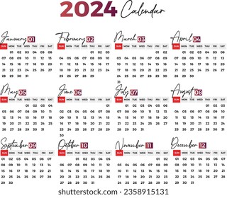 Calendar 2024 template vector, calendar Planner 2024 year, Wall calendar 2024, Week Starts Sunday, 12-month calendar, Vector illustration