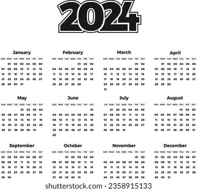 Kalender 2024 Vorlage Vektor, Kalenderplaner 2024 Jahr, Wall Kalender 2024, Woche beginnt Sonntag, 12-monatiger Kalender, Vektorgrafik