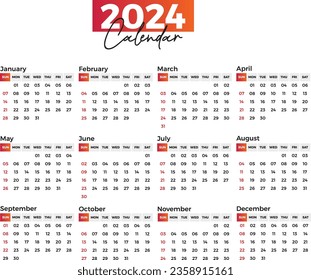 Calendar 2024 template vector, calendar Planner 2024 year, Wall calendar 2024, Week Starts Sunday, 12-month calendar, Vector illustration