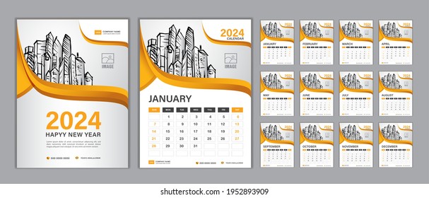 Calendar 2024 template vector, Set Desk calendar 2024, Happy new year, wall calendar design, Planner, Week start on Sunday, vertical layout, Set of 12 Months, cover design, planner, stationery vector