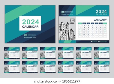 Kalender 2024 Vorlage Vektor, Set-Desk-Kalender 2024 Design, Frohes neues Jahr, Wall-Kalender-Design, Kalender-Planner, Woche Start am Sonntag, Set von 12 Monaten, Minimal Cover-Design. grüner Hintergrund. 