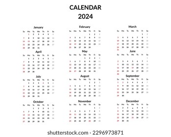 Calendar 2024 template vector. Set of 12 Months calendar 2024 year for Desk calendar 2024 design, wall calendar,  poster, planner, print media, advertisement. Simple design. Vector illustration.