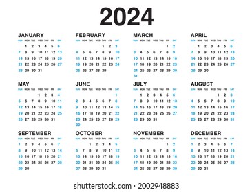 Calendario 2024 vector de plantilla, diseño simple mínimo, Planner 2024 año, Calendario de pared 2024 año, Semana Comienza Lunes, Conjunto de 12 calendario, publicidad, impresión, papel, vacaciones en colores azules