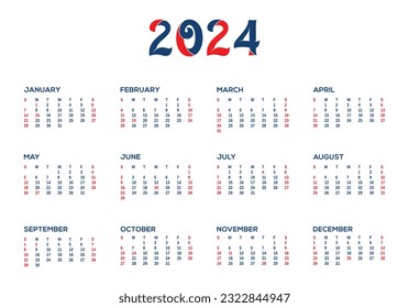 Calendar 2024 template vector, simple minimal design, Planner 2024 year, Wall calendar 2024 year, Week Starts Sunday, Set of 12 calendar, advertisement, printing, stationery, organization office.