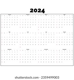 Calendar 2024 template vector, simple minimal design, Planner 2024 year, Wall calendar 2024 year, Week Starts sunday, Set of 12 calendar, advertisement, printing, stationery, organization office