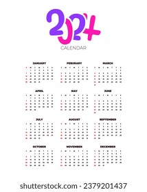 Calendar 2024 template vector. simple minimal design. Planner 2024 year. Wall calendar 2024 year.