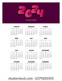 Calendar 2024 template vector. simple minimal design. Planner 2024 year. Wall calendar 2024 year.