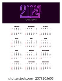 Vector de plantilla de Calendar 2024. diseño simple y mínimo. Planner 2024 año. Calendario de paredes 2024 año.