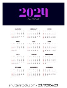 Calendar 2024 template vector. simple minimal design. Planner 2024 year. Wall calendar 2024 year.