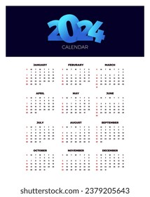 Calendar 2024 template vector. simple minimal design. Planner 2024 year. Wall calendar 2024 year.