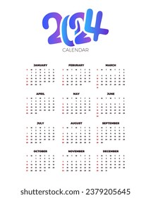 Calendar 2024 template vector. simple minimal design. Planner 2024 year. Wall calendar 2024 year.