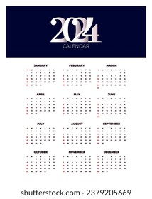 Calendar 2024 template vector. simple minimal design. Planner 2024 year. Wall calendar 2024 year.