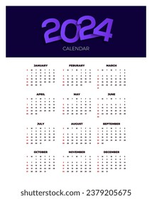 Calendar 2024 template vector. simple minimal design. Planner 2024 year. Wall calendar 2024 year.