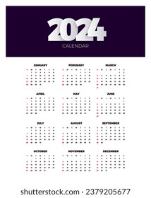 Calendar 2024 template vector. simple minimal design. Planner 2024 year. Wall calendar 2024 year.