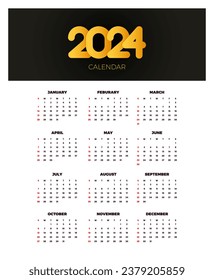 Calendar 2024 template vector. simple minimal design. Planner 2024 year. Wall calendar 2024 year.