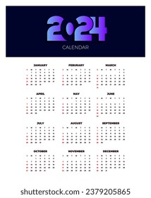 Calendar 2024 template vector. simple minimal design. Planner 2024 year. Wall calendar 2024 year.